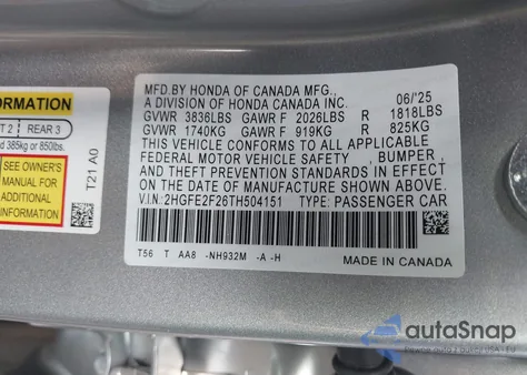 2026 Honda Civic Lx from USA, damaged, VIN 2HGFE2F26TH504151